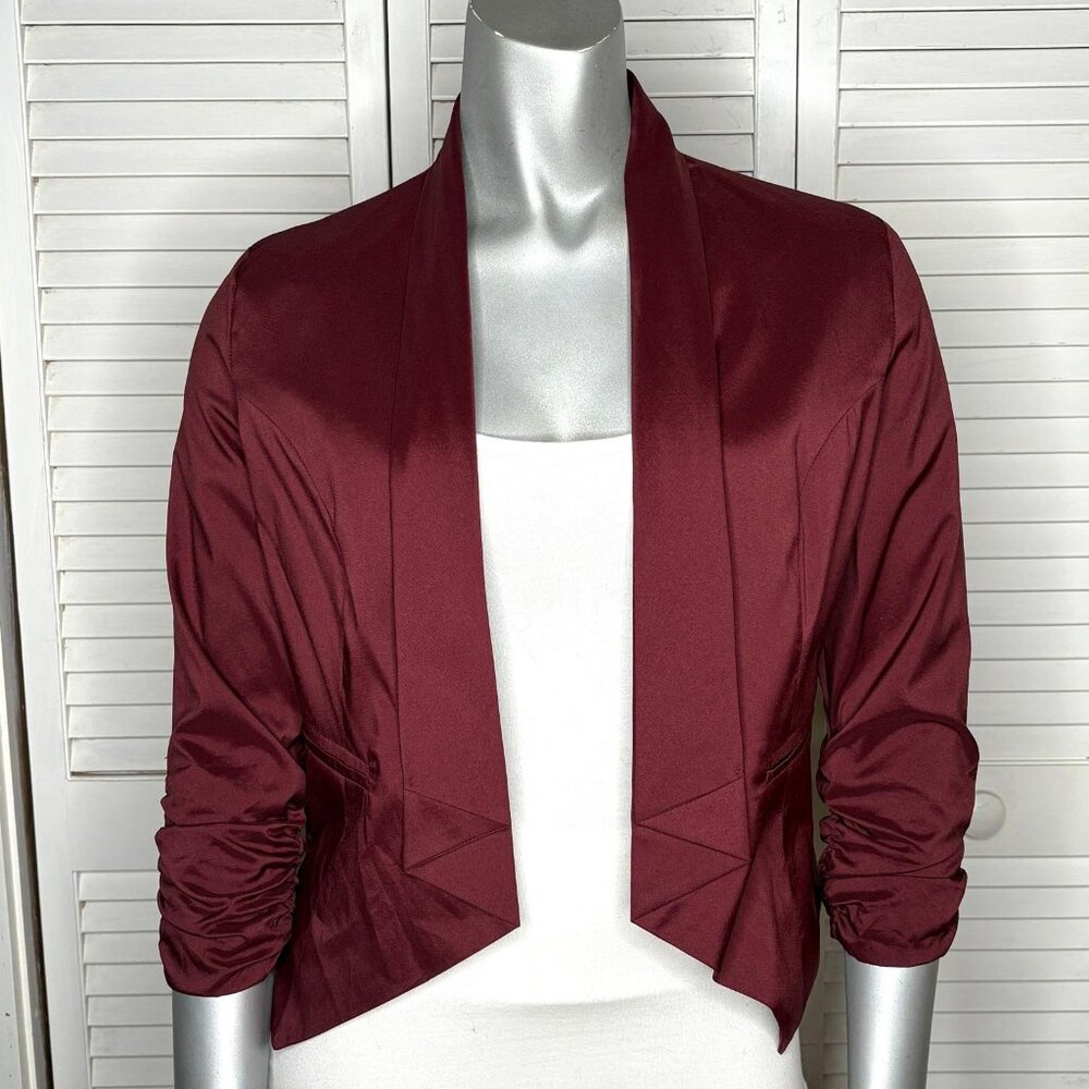 BLVD Burgundy Dark Red Open Front Shawl Collar Draped Crepe Blazer Jacket S 2/4
